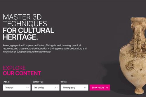 A web interface for the 3D4CH platform, showing educational resources for mastering 3D techniques in cultural heritage.