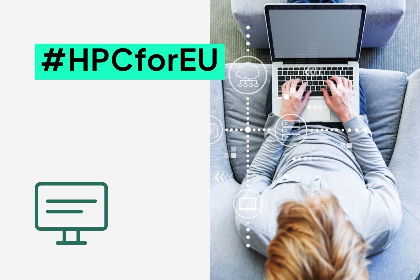 Top-down view of a person using a laptop with computer icon, next to the hashtag #HPCforEU.