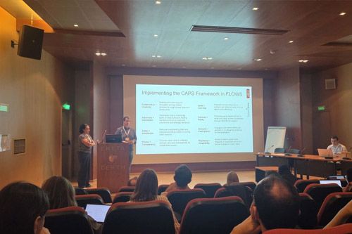 A male speaker stands at a wooden lectern presenting a slide titled \"Implementing the CAPS Framework in FLOWS\" to an audience in a conference auditorium.