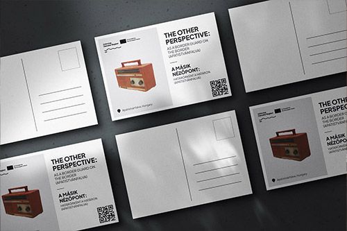 A series of postcards from \"The Other Perspective\" project featuring holographic images of a vintage radio.