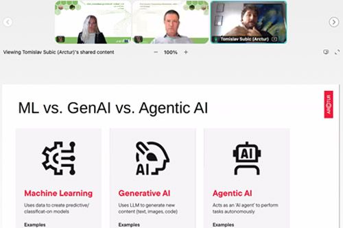 Screenshot of an online workshop by Arctur. The main slide compares Machine Learning, Generative AI, and Agentic AI with icons and definitions. Three speakers are shown in the video feed above the shared content.
