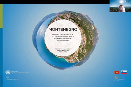 Digital presentation slide for Montenegro\'s tourism transition. The central graphic is a spherical 360-degree photo of a Mediterranean coastline. Logos for UNIDO and the flags of Montenegro and Slovenia are visible at the bottom.
